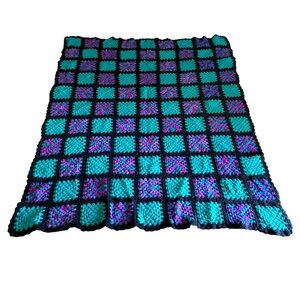 Handmade Crochet granny quilt with teal green/black & purple accents